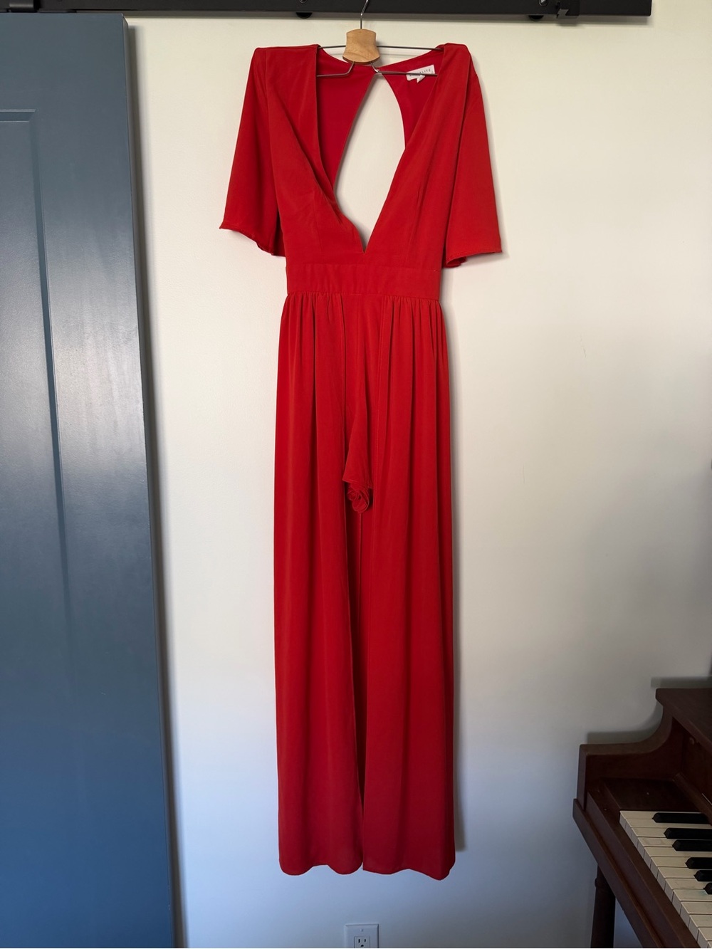 Red Deep V Maxi Dress with Waist Tie